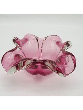 Handblown Pink Czech Glass Bowl With Ruffled Edge 8"